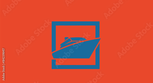 A blue speedboat is contained within a blue square frame on a red-orange background