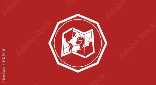 Red background with a white hexagonal frame enclosing a map icon. The map is in white