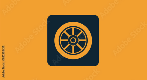 Illustration of a wheel icon within a rounded rectangle, against an orange background