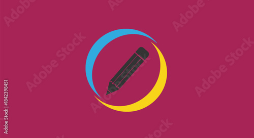 A pencil graphic within a circle made of arcs. Background is a deep magenta