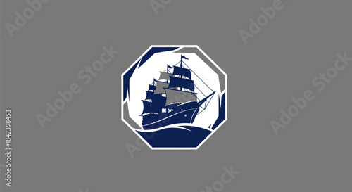 A detailed ship sailing inside an octagon on gray background