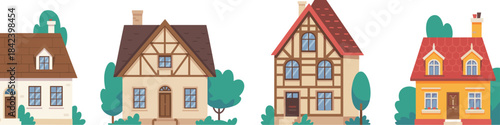 Traditional house illustration set with charming architecture, half-timber homes, cozy cottages, European residential buildings, rustic village facades artwork