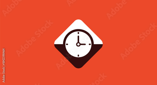 Minimalist clock icon within a rounded diamond shape, set against an orange background