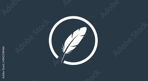 A white feather encased within a white circle on a dark navy background