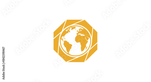 A golden octagonal frame encompasses a globe illustration, set against a stark white backdrop