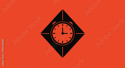 Black alarm clock within a diamond on a red background. Simple graphic, clock hands at 3 o'clock