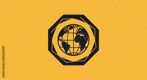 An emblem features a world globe within an octagon, set on a yellow backdrop