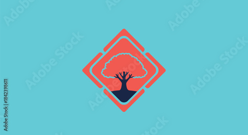 A stylized tree within a coral diamond, nested in a coral rectangle on a teal background