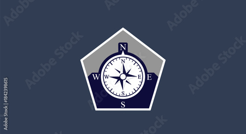 A compass within a gray and white pentagon on a dark blue background