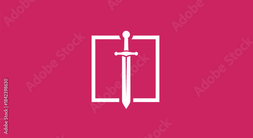 White sword within a square on a magenta background. The sword is vertical and centered