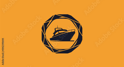 A stylized boat graphic, enclosed within a geometric frame, against an orange background