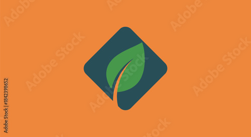 A green leaf inside a teal, rounded diamond on an orange background. Simple, minimalist design
