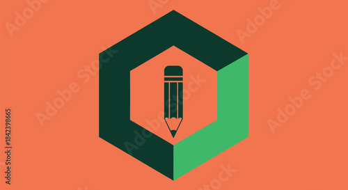 A stylized pencil inside a geometric shape, surrounded by an orange backdrop