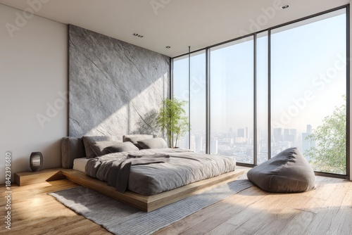 Modern bedroom with city view features stone accent wall and large windows.