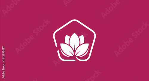 White floral logo within a pentagonal frame on a magenta background