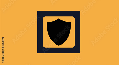 An emblem of a shield within a dark frame on an orange background, minimalist design