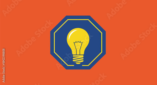 A yellow lightbulb is centered on a blue octagon with a gold outline, on an orange background