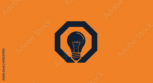 Orange background featuring a dark blue octagonal frame around a light bulb outline