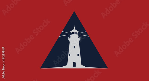 A white lighthouse within a navy triangle on a red background. Light beams extend outward