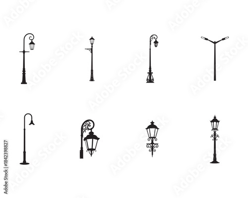 Wallpaper Mural Set of 8 Street Light Silhouettes - Retro, Vintage, and Modern Lamp Icons Torontodigital.ca