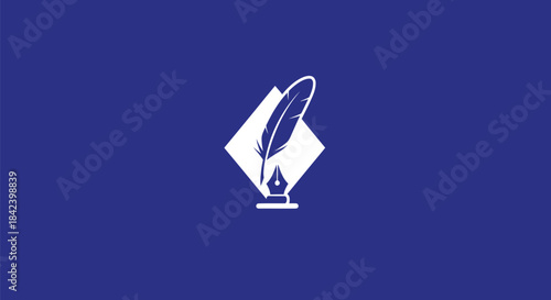 A white quill pen and diamond shape icon on a dark blue background