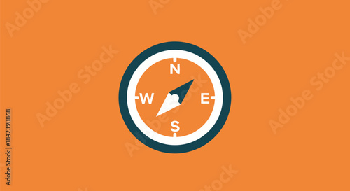 A white compass points direction against an orange backdrop with "N," "S," "E," "W.