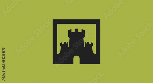 A minimalist black castle within a black frame, on a green-yellow background
