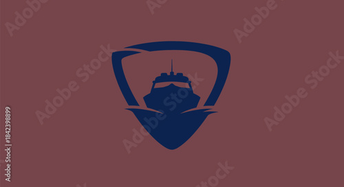 A navy ship silhouette inside a shield, set against a maroon background. Abstract and nautical
