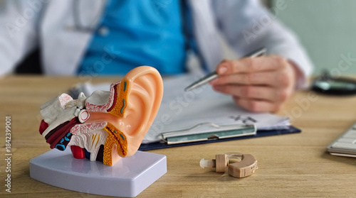 Obraz na płótnie Details of ear anatomy model on a desk during a consultation with a hearing spec
