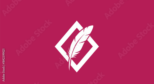 A white feather within a diamond frame on a crimson background. Simple, elegant design
