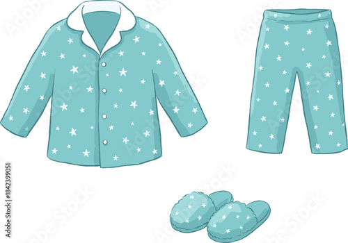 Light blue pajama set with white stars, long sleeves, fluffy slippers, bedtime comfort wear, cozy sleep outfit, vector illustration