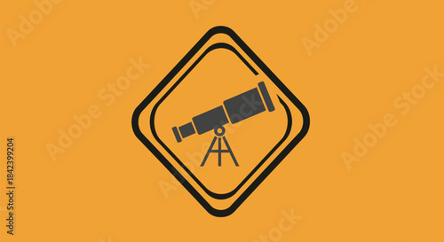 A telescope icon inside a rhombus-shaped frame on an orange background