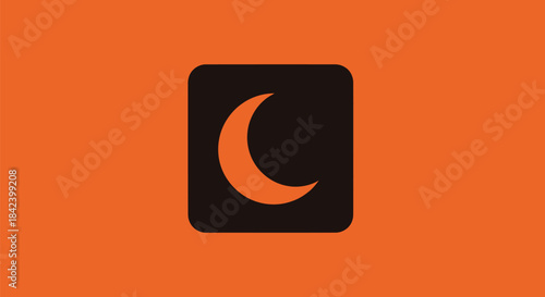 An orange background features a black square with rounded corners. Inside, an orange crescent moon shines