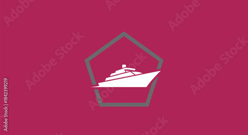 A white boat graphic inside a gray pentagon on a magenta backdrop