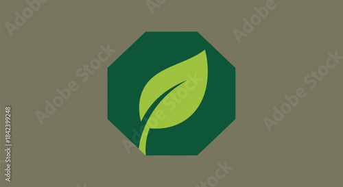A bright green leaf sits within a dark green octagon, centered on a muted gray background