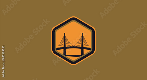 A graphic featuring a black cable-stayed bridge within an orange hexagon, brown background