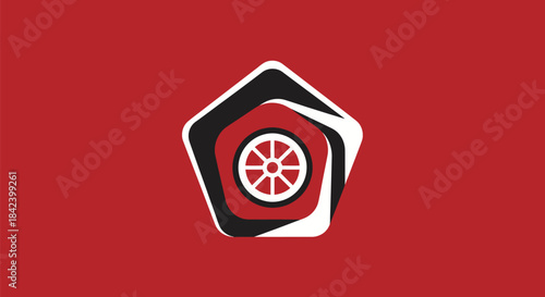 A graphic with a wheel-like emblem inside a pentagon design on a red background