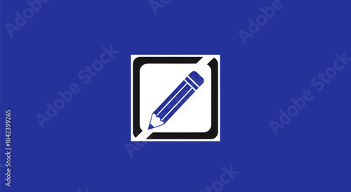 A blue pencil icon inside a black square with a white background on a blue canvas