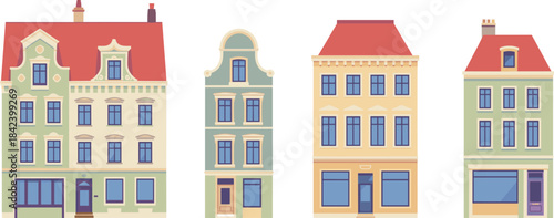 Black and white Amsterdam canal houses illustration, traditional Dutch architecture silhouettes, historic European buildings, classic cityscape design, vintage urban artwork