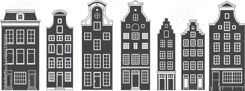 Black and white Amsterdam canal houses illustration, traditional Dutch architecture silhouettes, historic European buildings, classic cityscape design, vintage urban artwork
