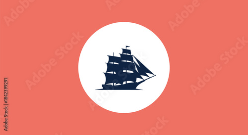 A sailing ship silhouette inside a white circle against a coral background