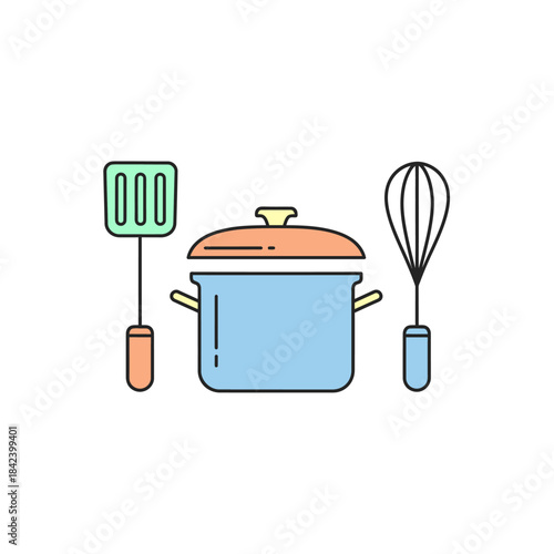 Cooking Utensils - Pot, Spatula, and Whisk Illustration for Culinary Arts.