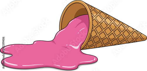 Tipped waffle cone with melting pink ice cream, puddle on surface, food mishap, summer dessert, vector illustration