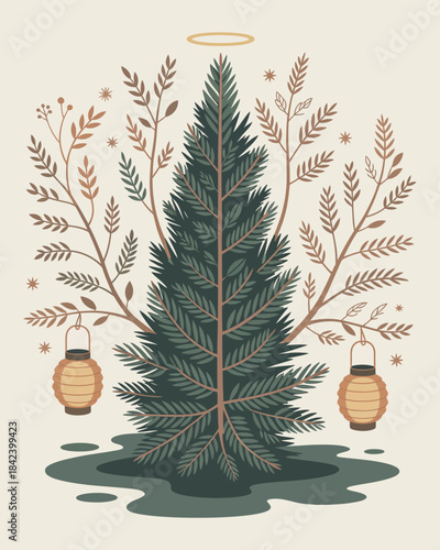 Serene winter illustration of a christmas tree with angelic halo and hanging lanterns