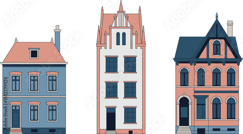 Black and white Amsterdam canal houses illustration, traditional Dutch architecture silhouettes, historic European buildings, classic cityscape design, vintage urban artwork