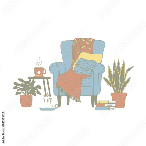 Cozy Armchair with Plants, Books, and Coffee Illustration.