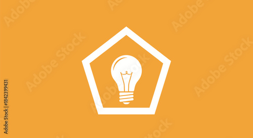 A white lightbulb inside a white pentagon on an orange background, simplistic design