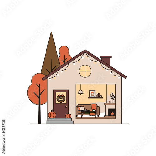 Cozy Autumn Home Illustration with Pumpkins and Fall Foliage.