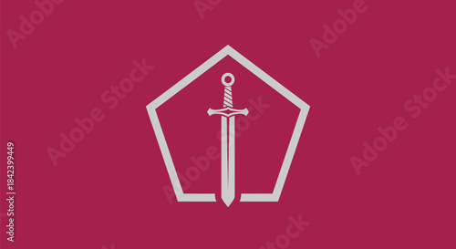 A stylized sword within a pentagon on a maroon field. The lines and sword are a light gray