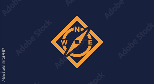 Geometric compass with directions and a needle centered on a dark blue background